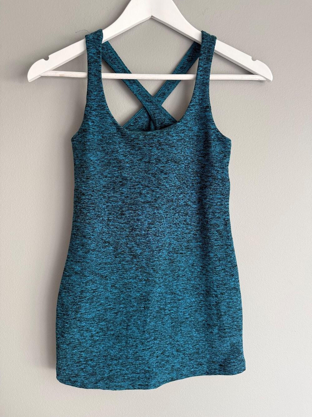 Beyond Yoga Women Tank Top Size M Teal Blue Heather Cross Back Cutout USA